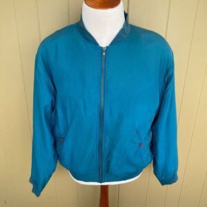 Visitor men L 100% Silk lightweight full zip vintage bomber jacket teal color